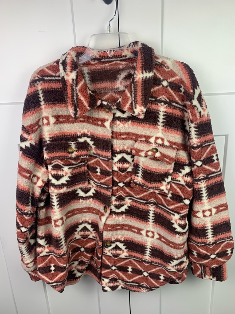 SHEIN Brown Southwestern Geometric Fleece Shacket Button Jacket Size L
